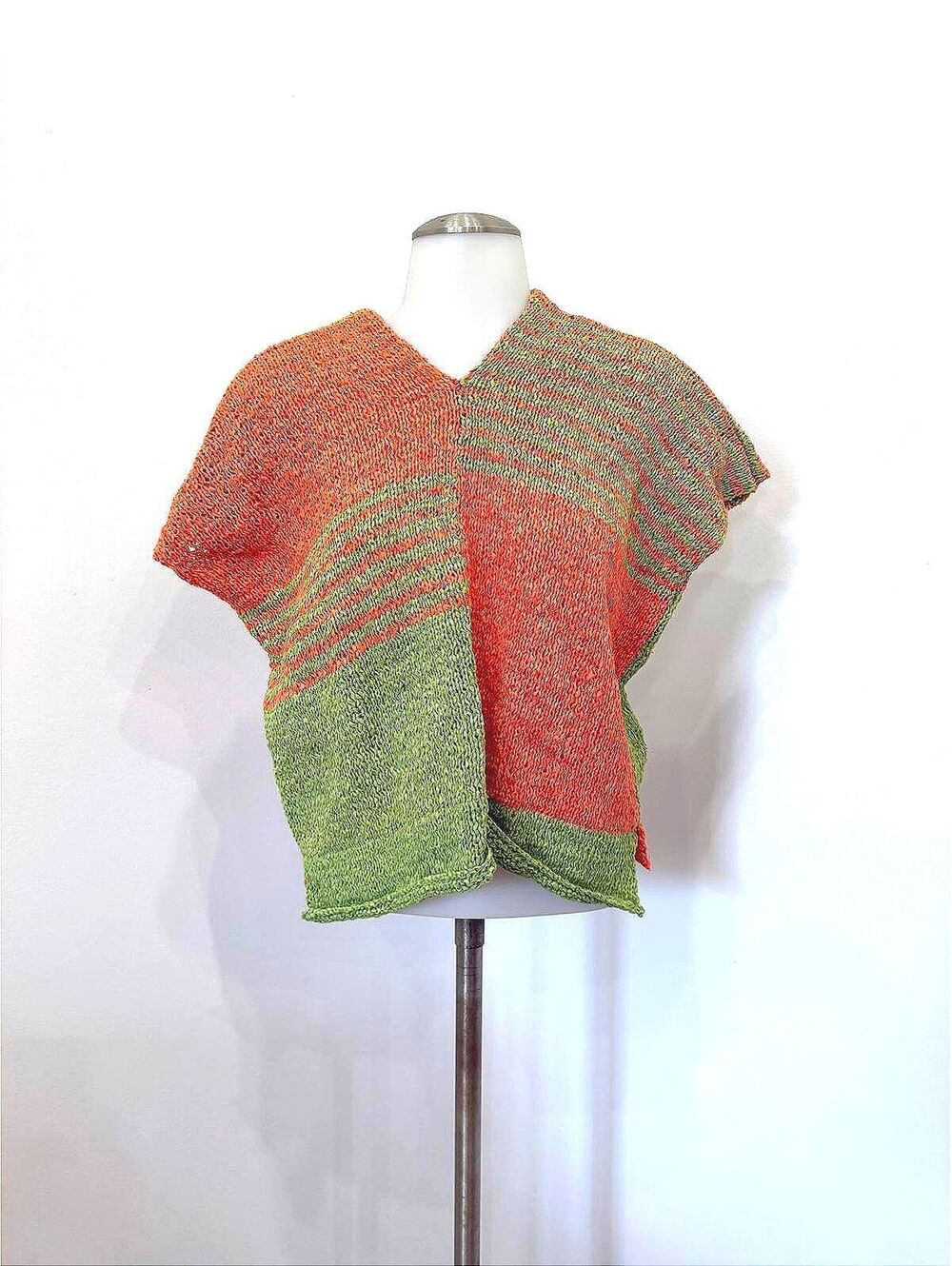 Handmade Colorblock Knit Poncho Sweater Orange and Green